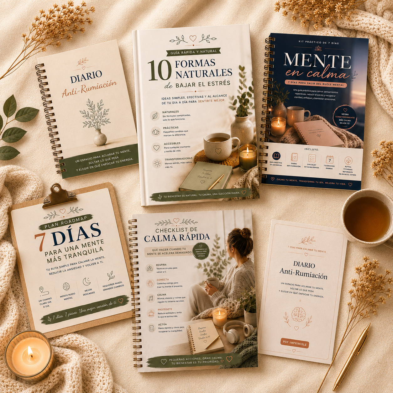 Mockup de 5 PDFs imprimibles del Pack Mente en Calma